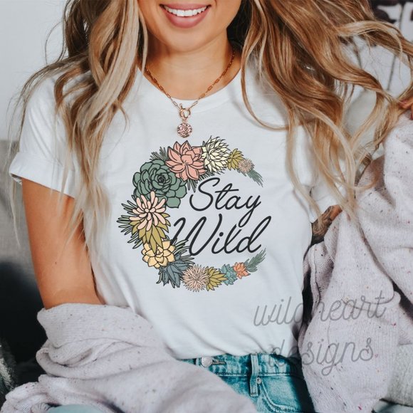 Tops - Stay Wild Retro Floral Moon Shirt, Floral Shirt, Celestial Shirt - White
